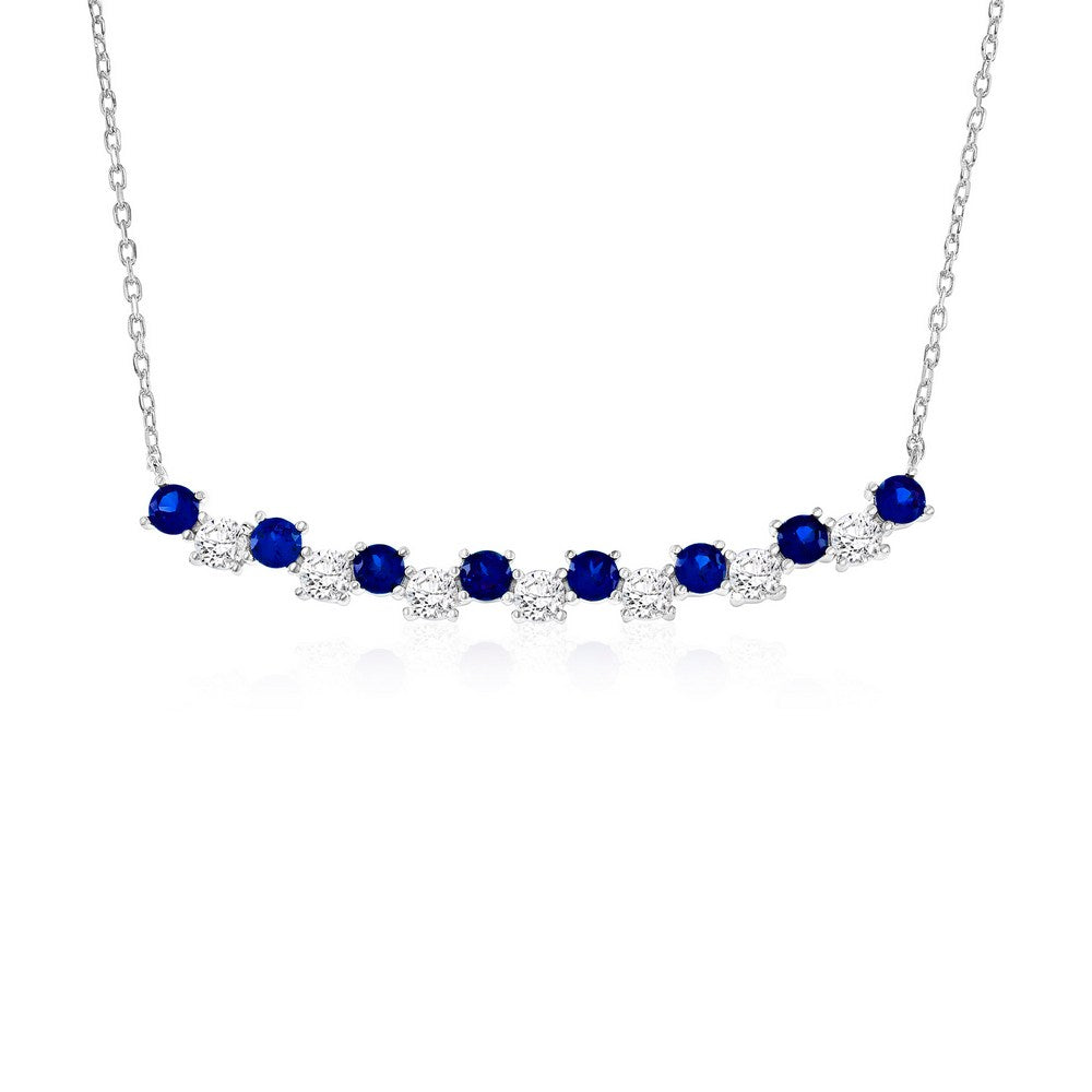 Sterling Silver Curved Bar Necklace with Alternating Blue and Clear Cubic Zirconia 16" + 2"
