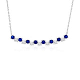 Sterling Silver Curved Bar Necklace with Alternating Blue and Clear Cubic Zirconia 16" + 2"
