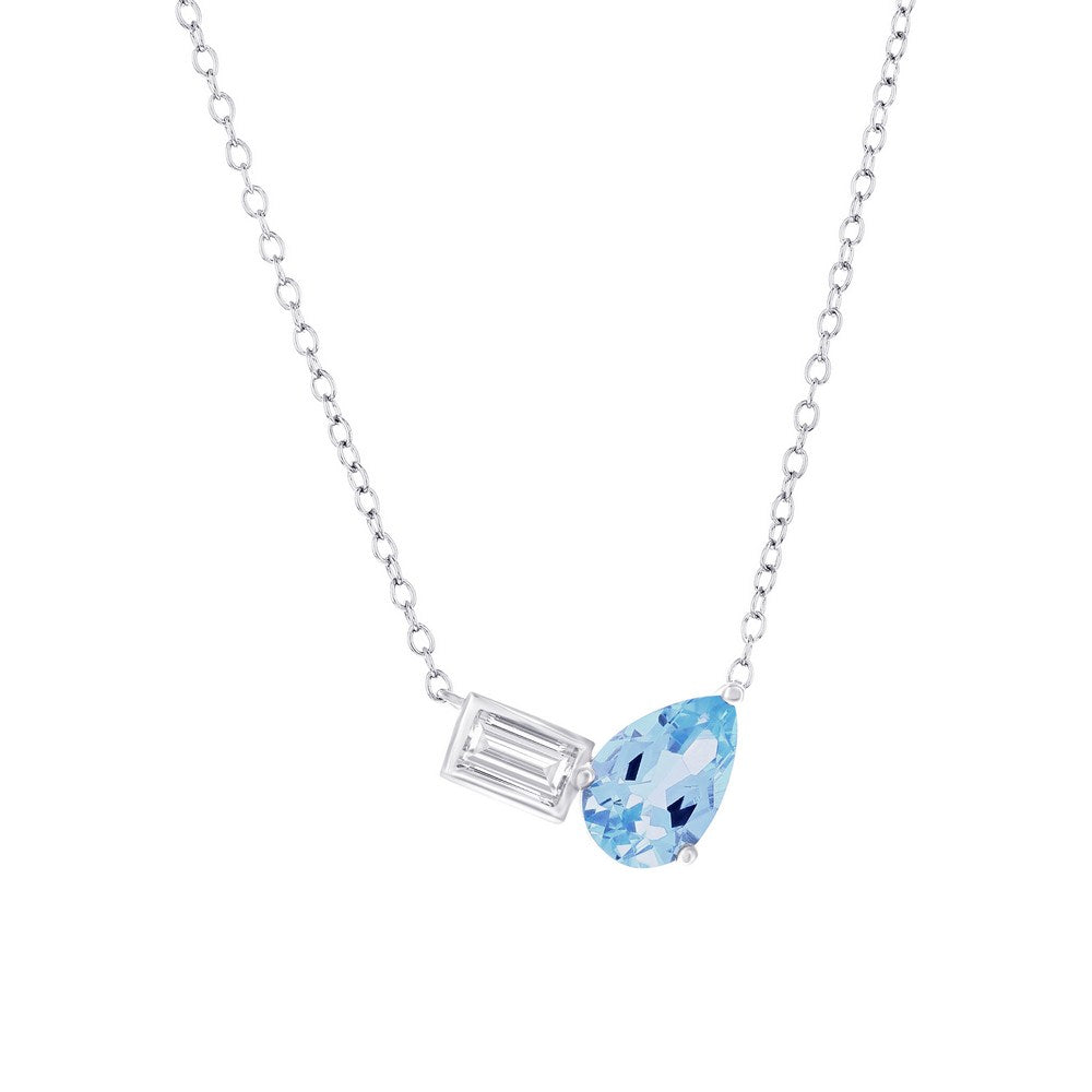 Sterling Silver Pear-Shaped Sky Blue Topaz and Emerald-Cut White Topaz Toi Et Moi Pendant Necklace 16+2"