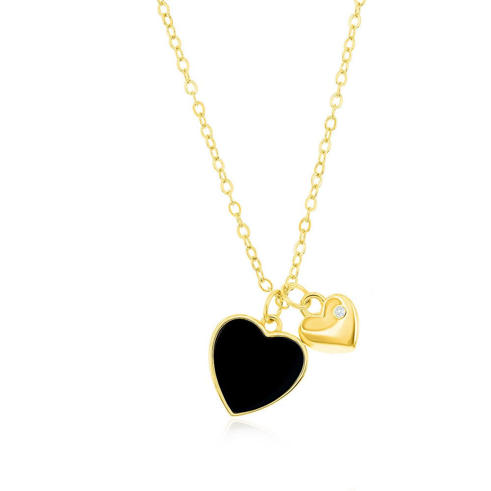 Sterling Silver Gold Plated Onyx and Heart Cubic Zirconia Necklace