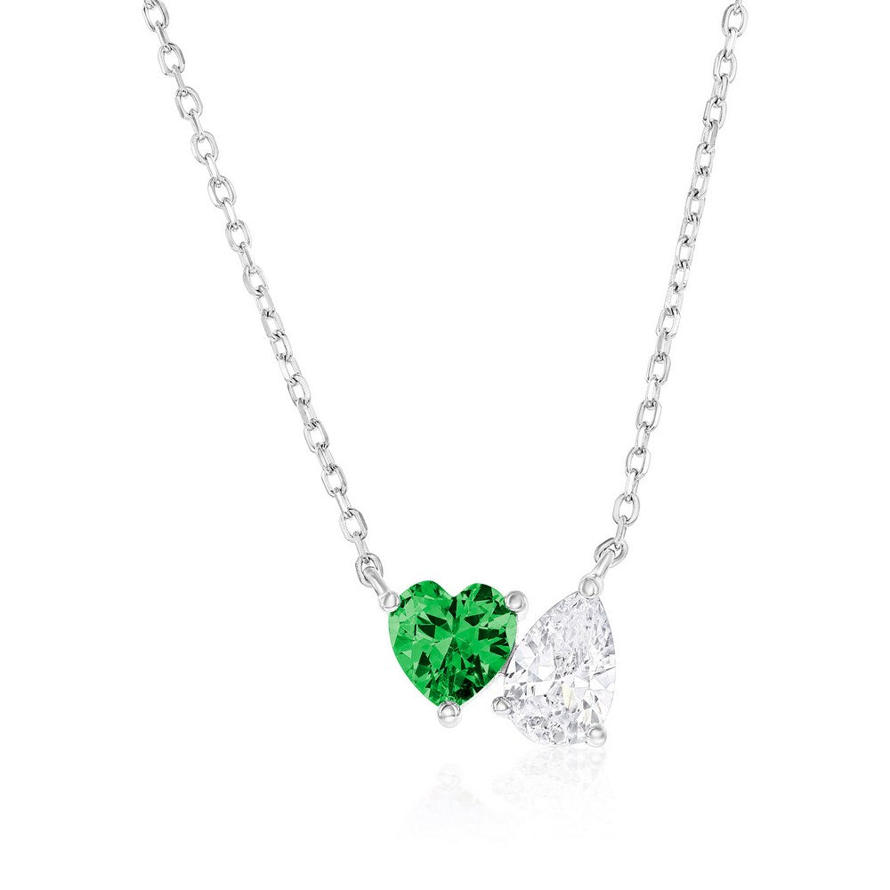 Sterling Silver Emerald Heart CZ and Clear Pear-Shaped CZ Necklace 16+2"