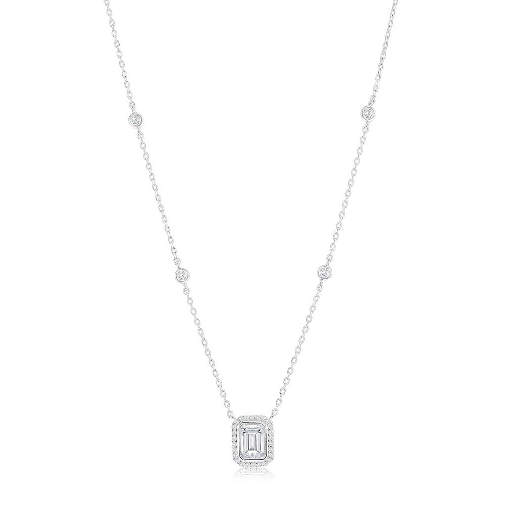 Sterling Silver Rectangle Baguette and Round Bezel-Set Cubic Zirconia Necklace – 16+2"