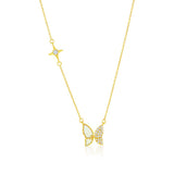 Sterling Silver Gold Plated Mother of Pearl and Cubic Zirconia ~12x11mm Butterfly Necklace 16+2"