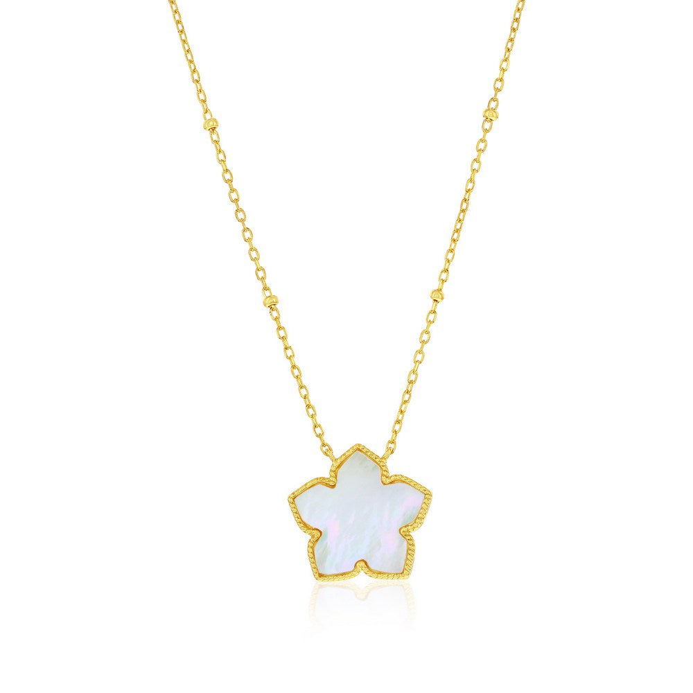 Sterling Silver Gold Plated Mother-of-Pearl and Cubic Zirconia Flower Necklace 16+2"