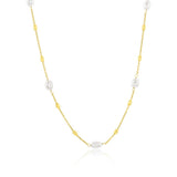 Sterling Silver Gold Plated ~6x3mm (7) Freshwater Pearl and Bead Station Necklace 16+2"