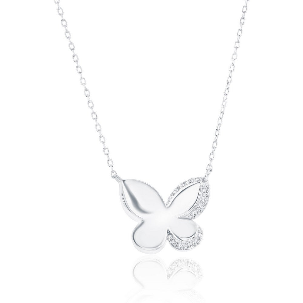 Sterling Silver Polished and  Cubic Zirconia ~9x14mm Butterfly Necklace 16+2"