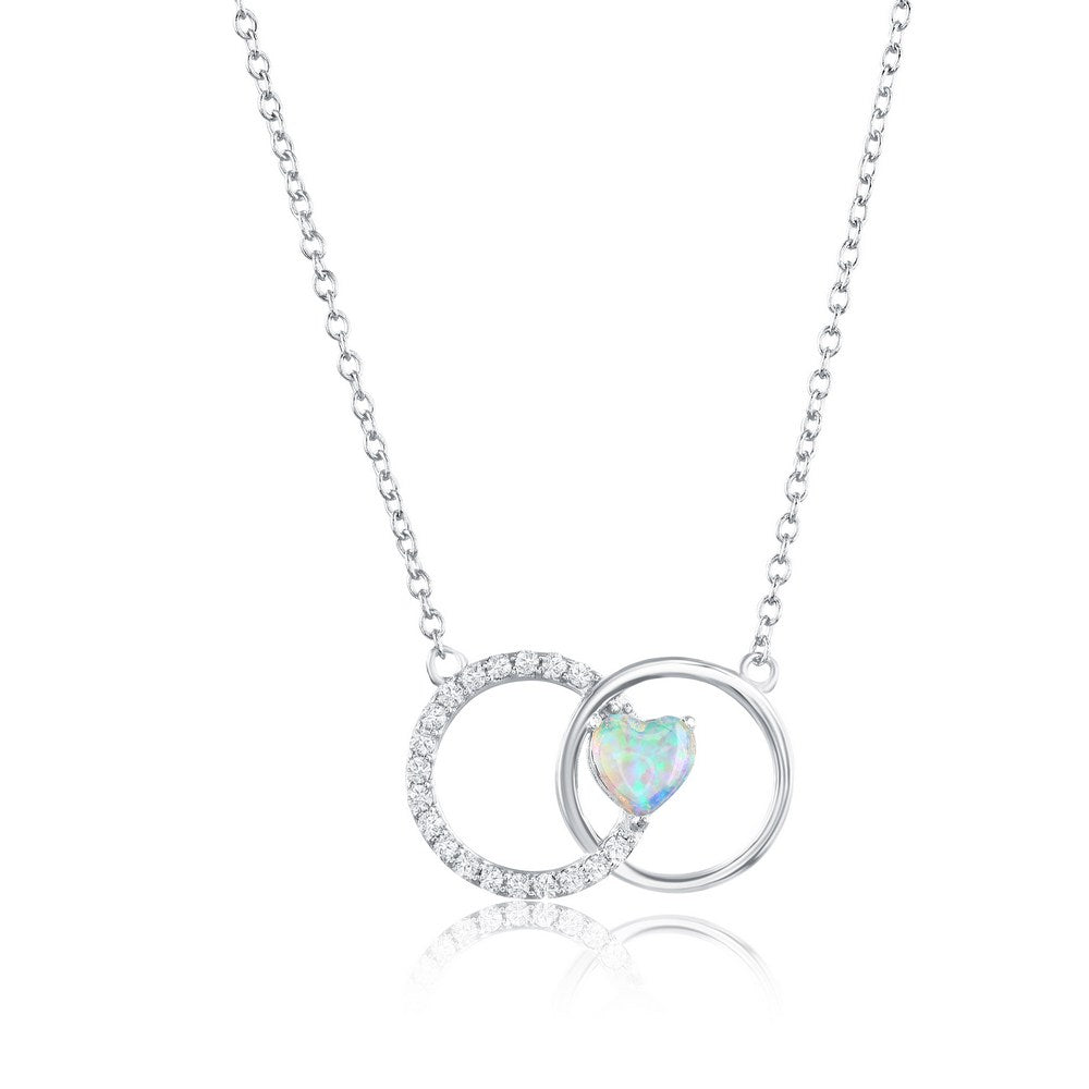 Sterling Silver, Opal Heart, Polished and Cubic Zirconia Circle Necklace 16+2"