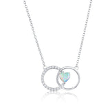 Sterling Silver, Opal Heart, Polished and Cubic Zirconia Circle Necklace 16+2"