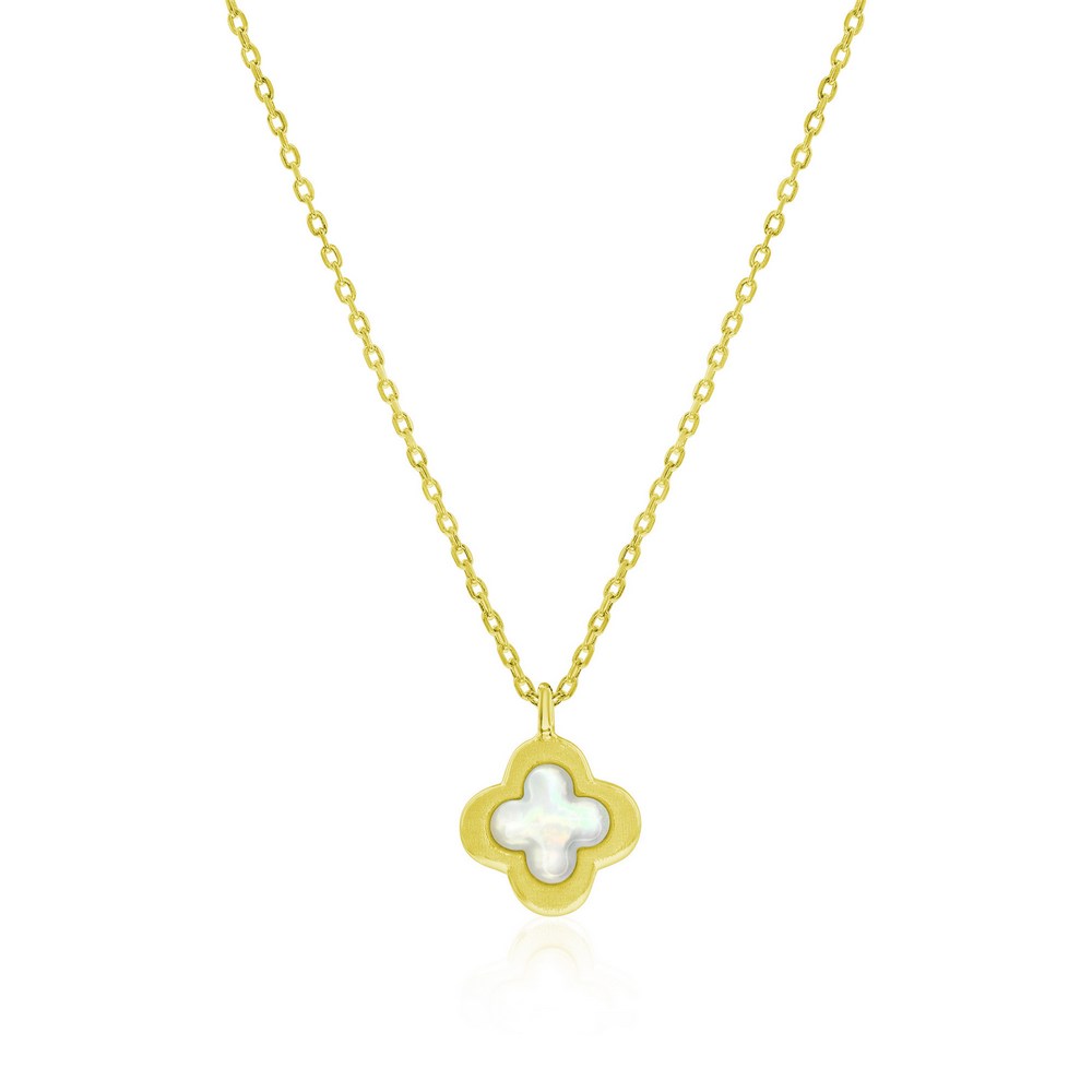 Sterl;ing Silver Gold Plated Brushed Mother of Pearl Flower Necklace 16+2"
