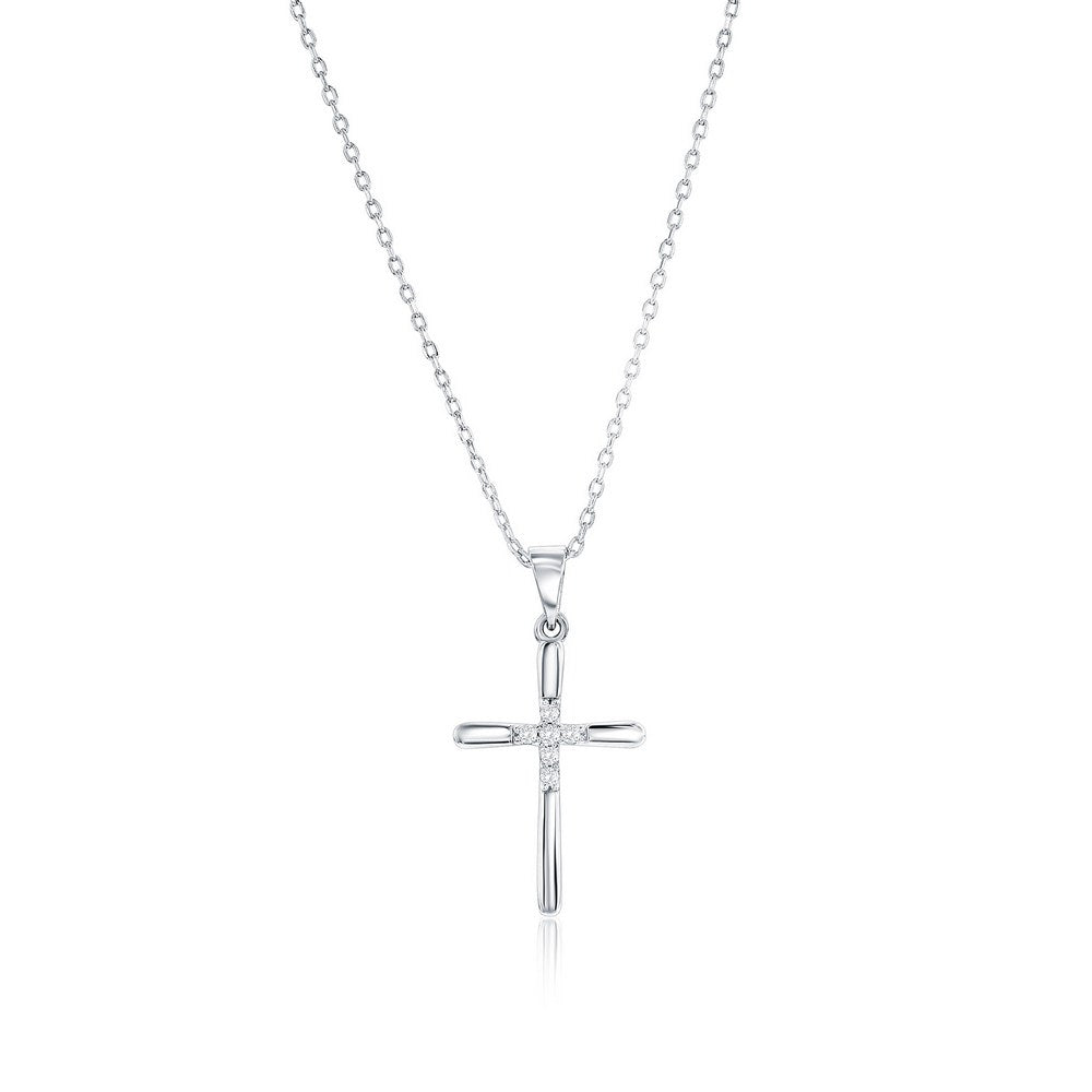 Sterling Silver Polished and Cubic Zirconia Cross Necklace 16+2"