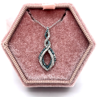 Marlowe" 10K White Gold 0.40 Carat Total Weight Blue and White Diamond Twisting Double Teardrop Pendant Necklace on 18" Chain Estate