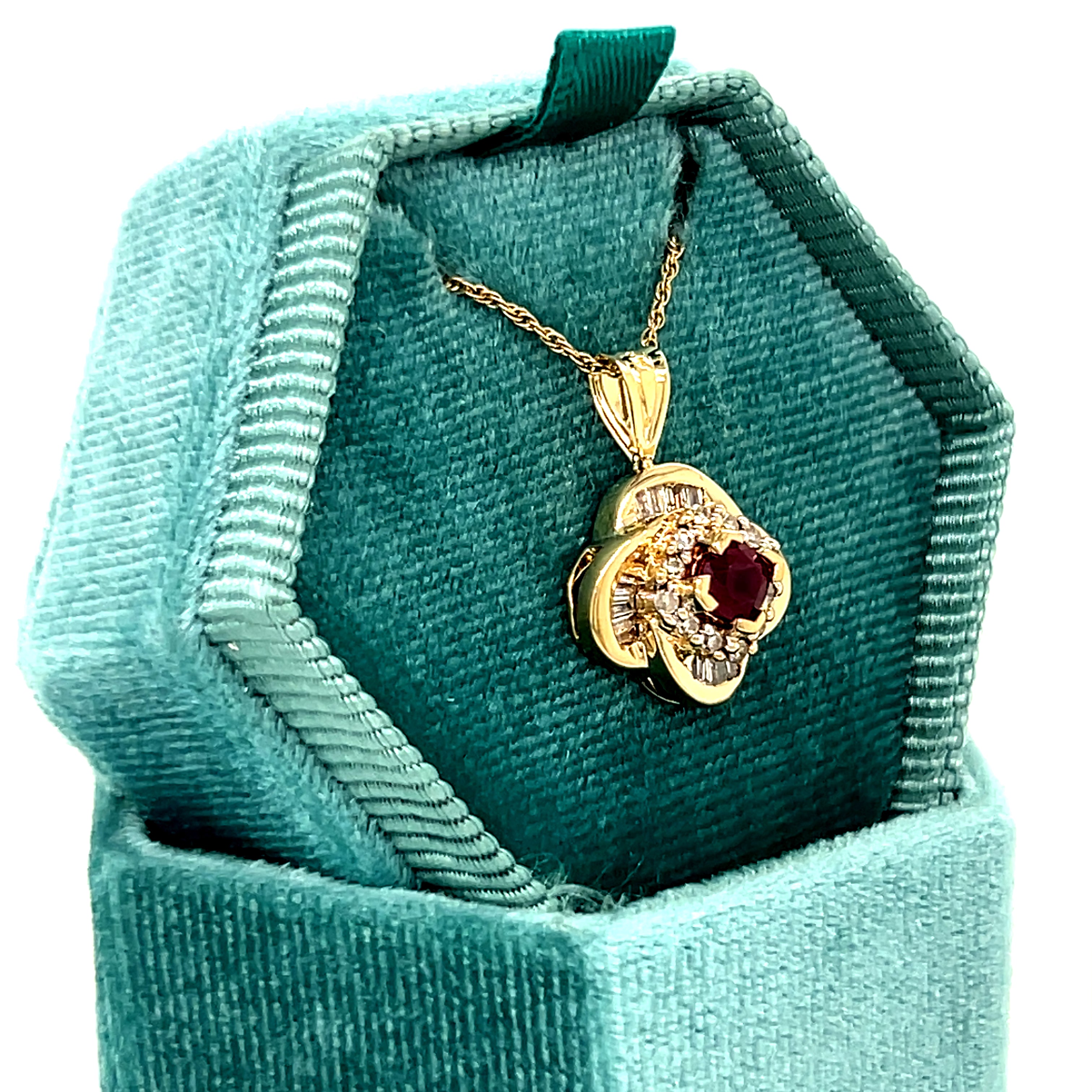 "Neoma" 14K Yellow Gold 1/3CT Ruby and 1/3CT Diamond Clover Pendant Estate