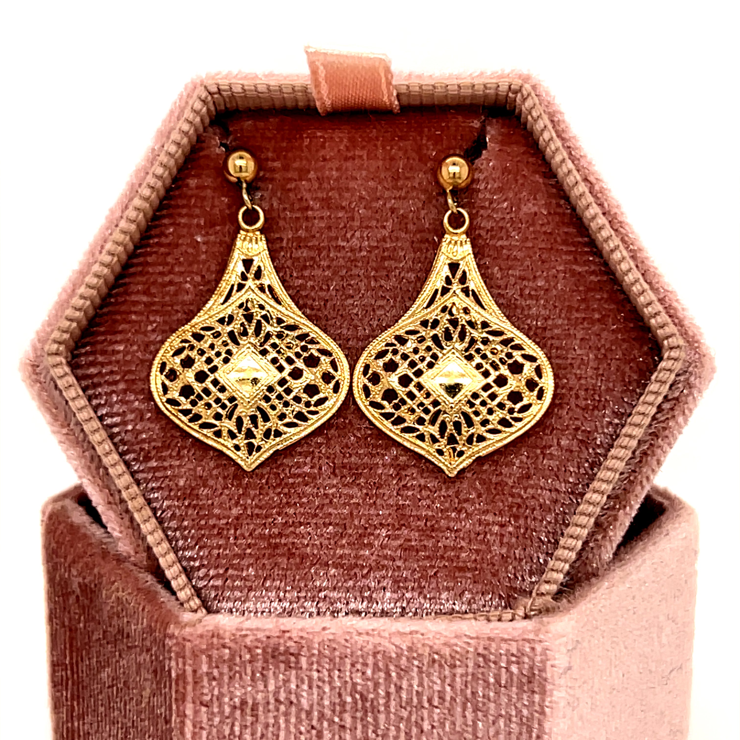 "Piper" 14K Yellow Gold Vintage Filigree Dangle Earrings Estate