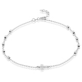 Sterling Silver Diamond Cut Beads with Small Center Cross Anklet 9+1"