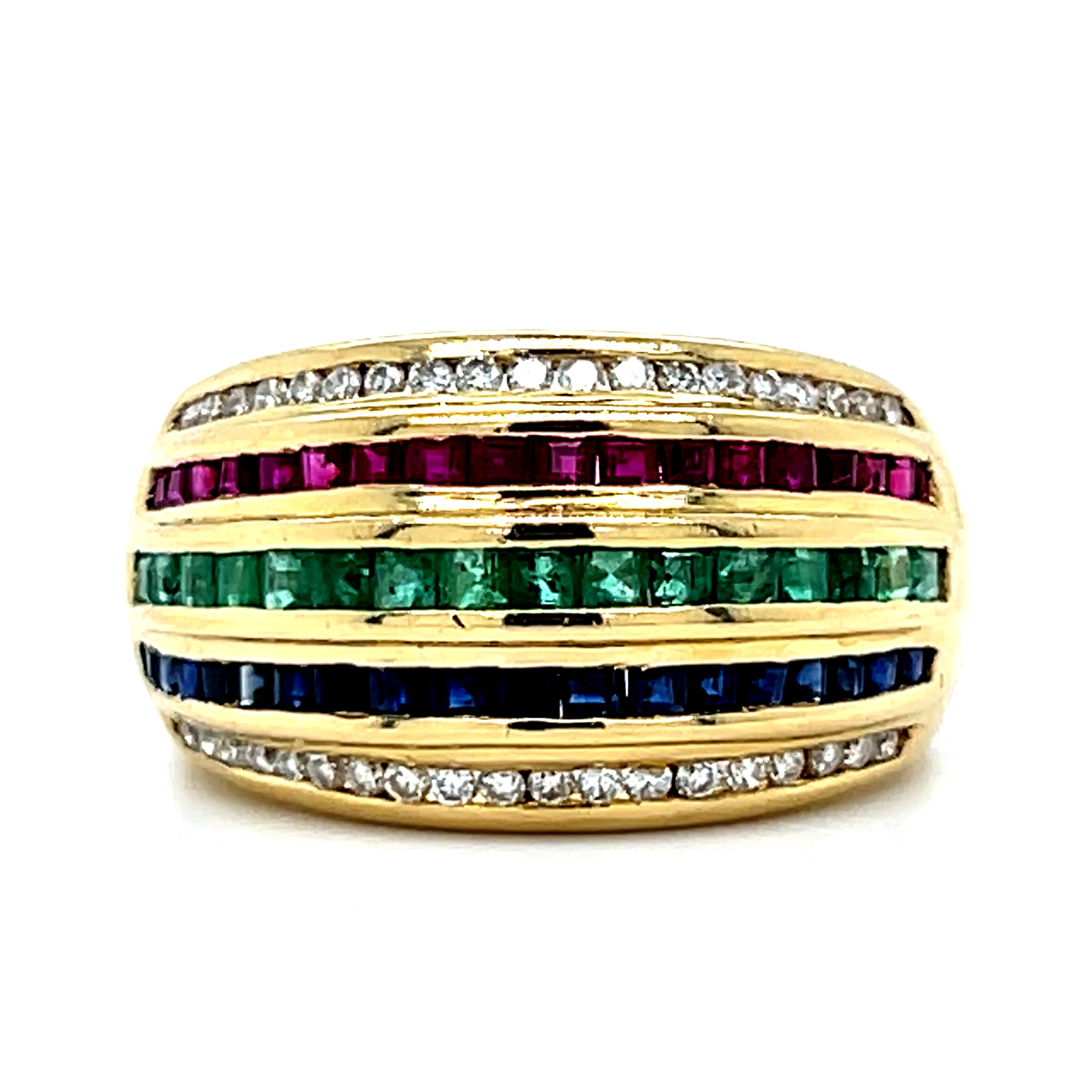 "Ribbons" 18K Yellow Gold Ruby, Emerald, Sapphire, and Diamond Channel Ring