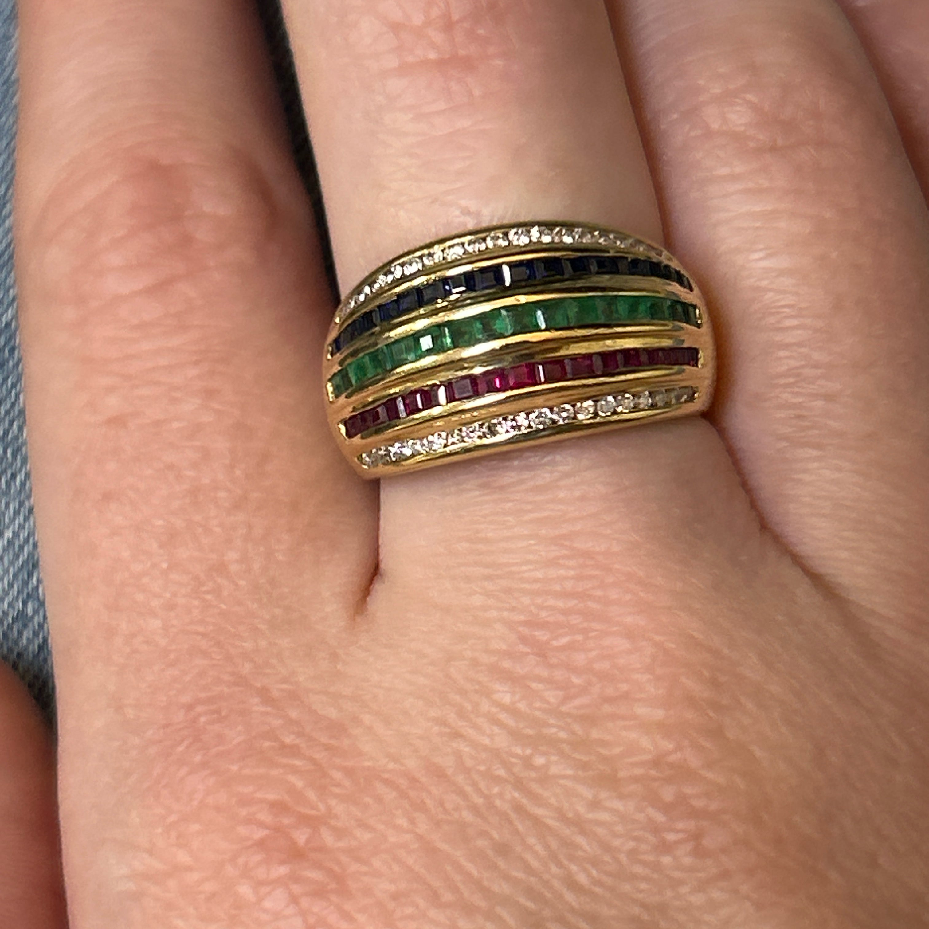 "Ribbons" 18K Yellow Gold Ruby, Emerald, Sapphire, and Diamond Channel Ring