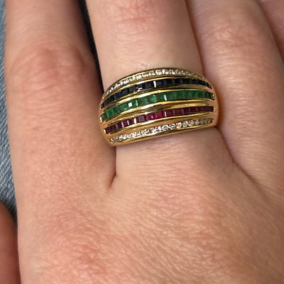 "Ribbons" 18K Yellow Gold Ruby, Emerald, Sapphire, and Diamond Channel Ring