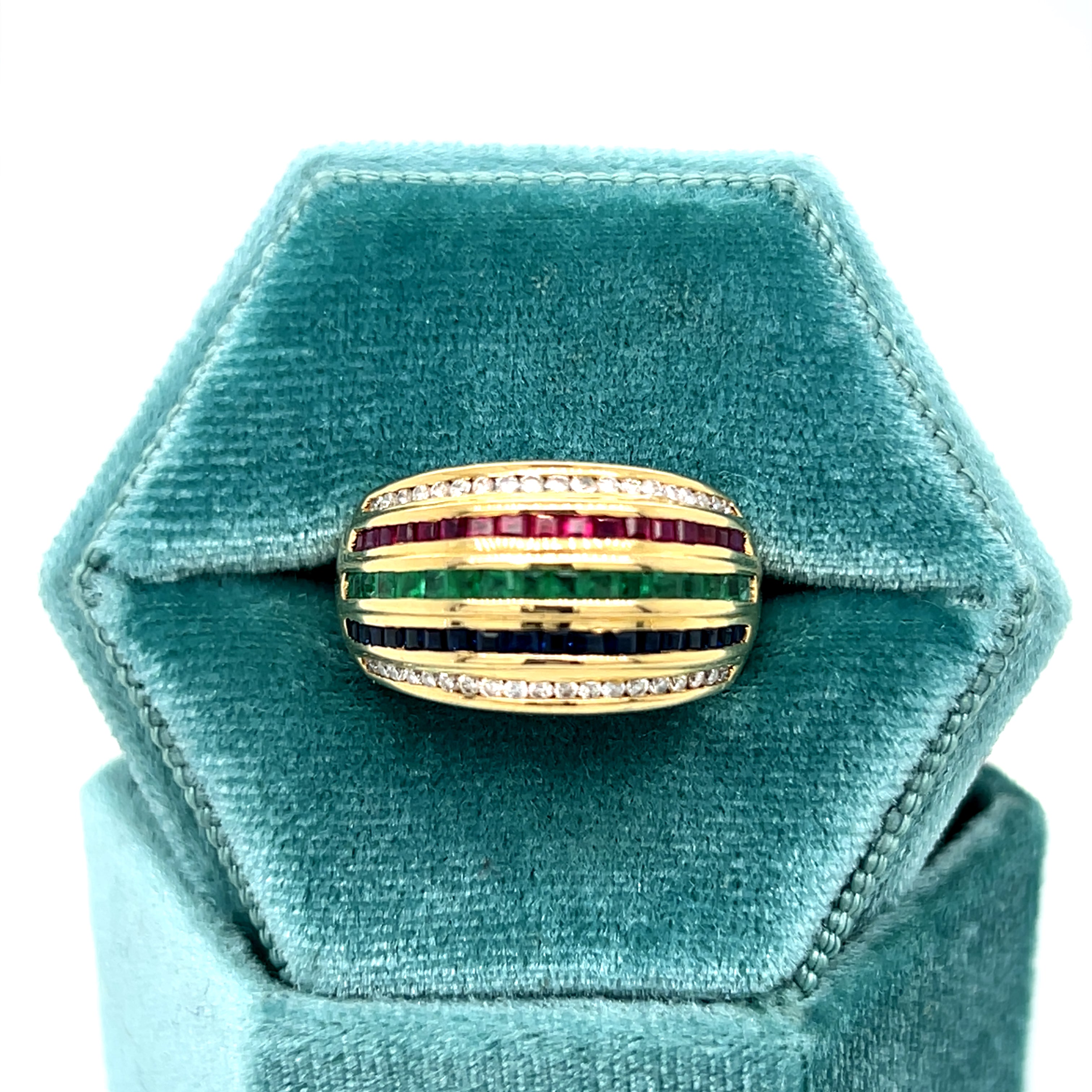 "Ribbons" 18K Yellow Gold Ruby, Emerald, Sapphire, and Diamond Channel Ring