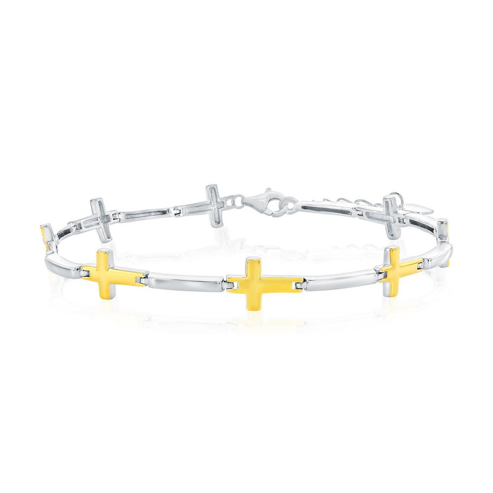 Sterling Silver Gold Plated Sideways Cross Bracelet 7+1"