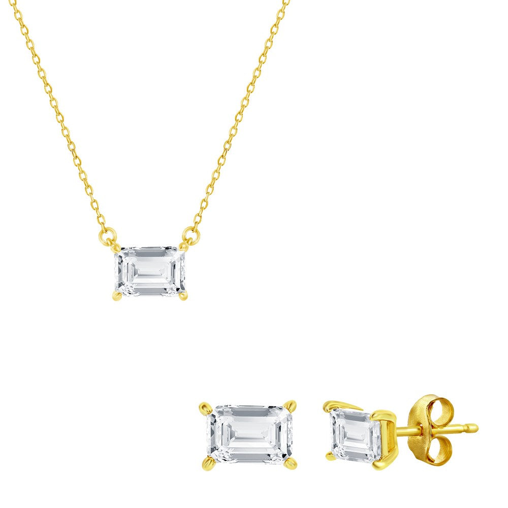 Sterling Silver Gold Plated Solitaire 5x7mm Rectangle Cubic Zirconia Necklace and Earrings Set 16+2"