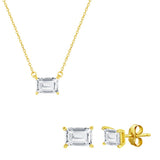 Sterling Silver Gold Plated Solitaire 5x7mm Rectangle Cubic Zirconia Necklace and Earrings Set 16+2"