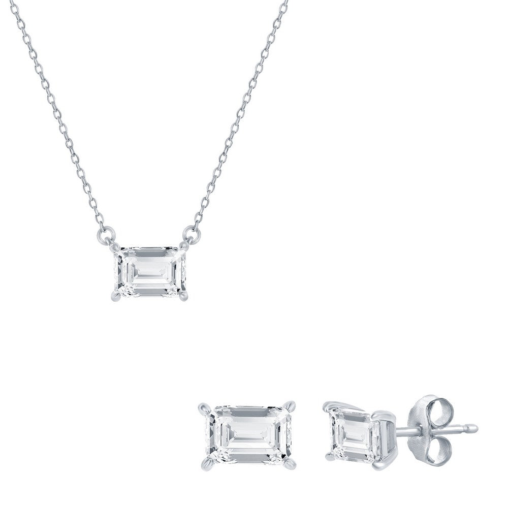 Sterling Silver Solitaire 5x7mm Rectangle Cubic Zirconia Necklace and Earrings Set 16+2"