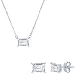 Sterling Silver Solitaire 5x7mm Rectangle Cubic Zirconia Necklace and Earrings Set 16+2"