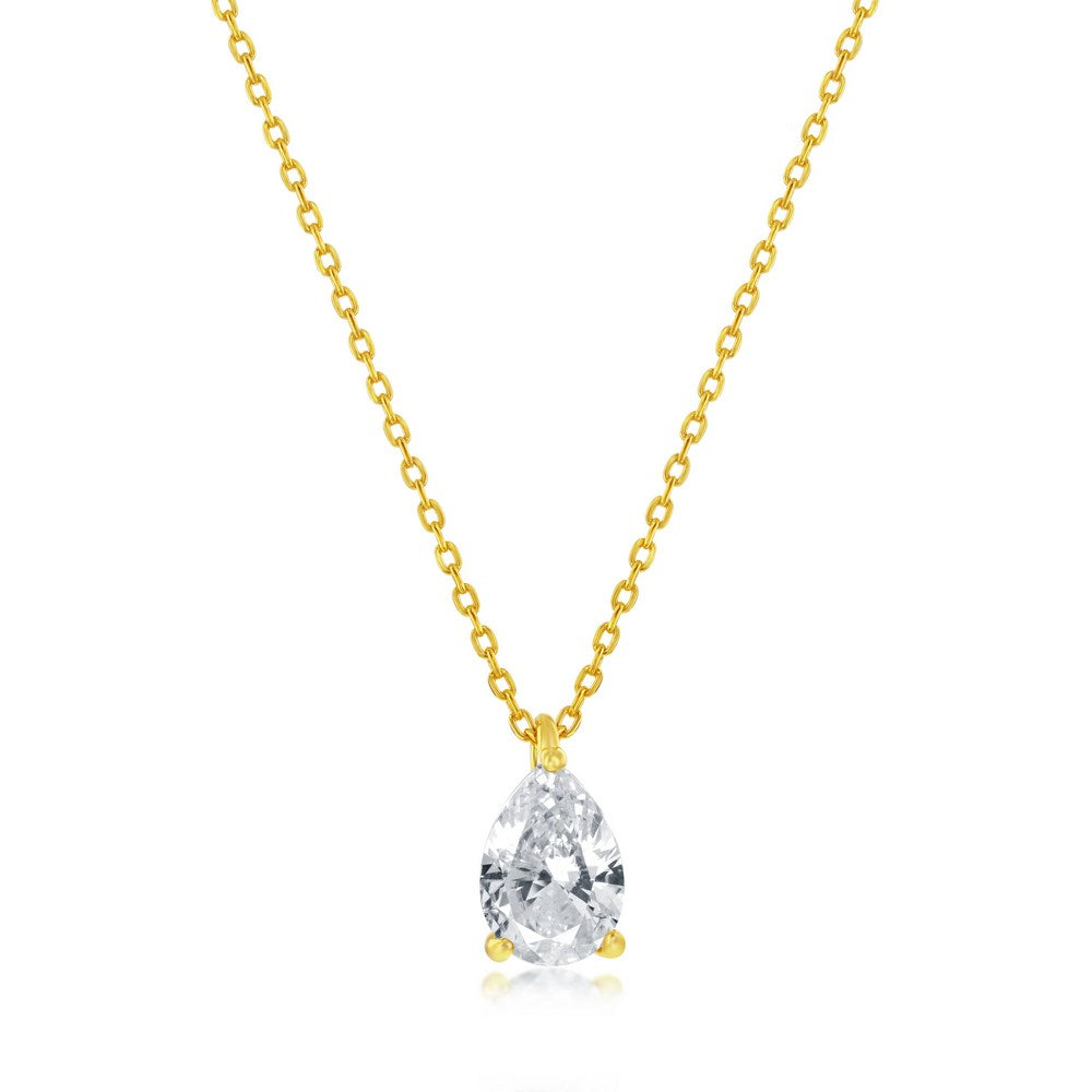 Sterling Silver Gold Plated Solitaire Pear-Shaped Cubic Zirconia Marquise 5x6mm Necklace &  4x5mm Earrings Set 16+2"