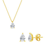 Sterling Silver Gold Plated Solitaire Pear-Shaped Cubic Zirconia Marquise 5x6mm Necklace &  4x5mm Earrings Set 16+2"