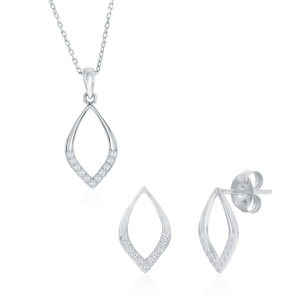 Sterling Silver Polished and Cubic Zirconia Marquise ~15x10mm Necklace and ~12x8mm Earrings Set 16+2"