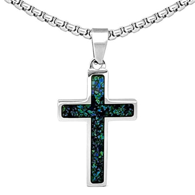 Stainless Steel Blue Crushed Opal Cross SM 1.25" on 24" Chain