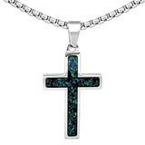 Stainless Steel Blue Crushed Opal Cross SM 1.25" on 24" Chain