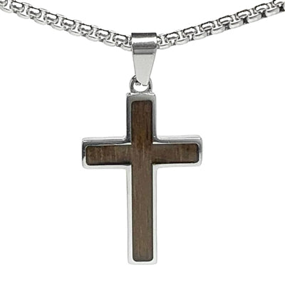 "Jeffery" Stainless Steel Walnut Cross Small 1.25" on 24" Chain