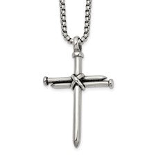 Men's Stainless Steel Polished Antiqued & Polished Cross of Nails Pendant 22"