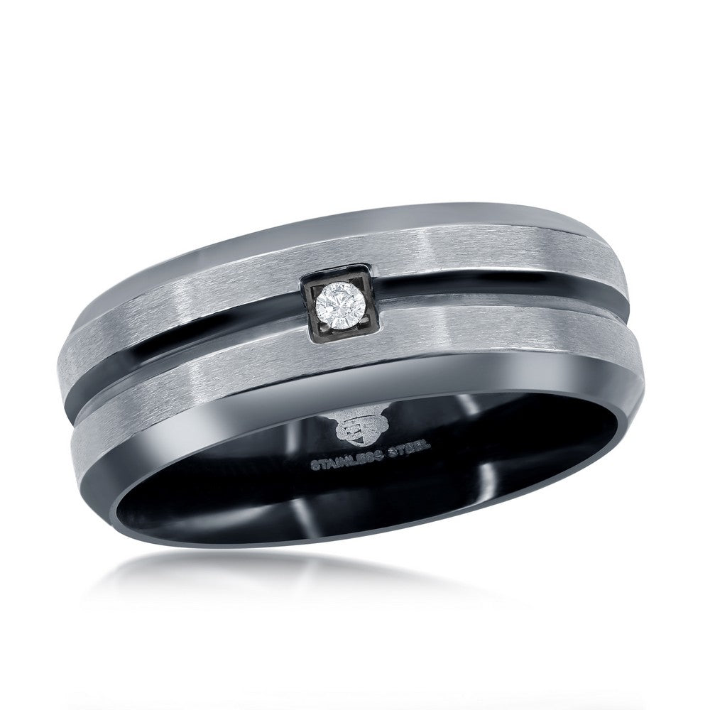 Men's Stainless Steel Black and Silver Cubic Zirconia Wedding Band Ring Size 10