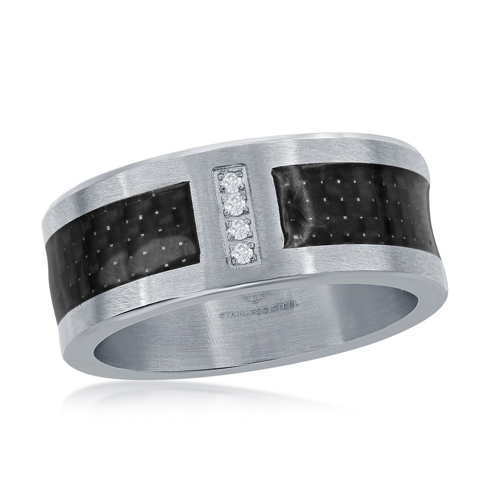 Men's Stainless Steel Black Carbon Fiber Cubic Zirconia Ring Size 11