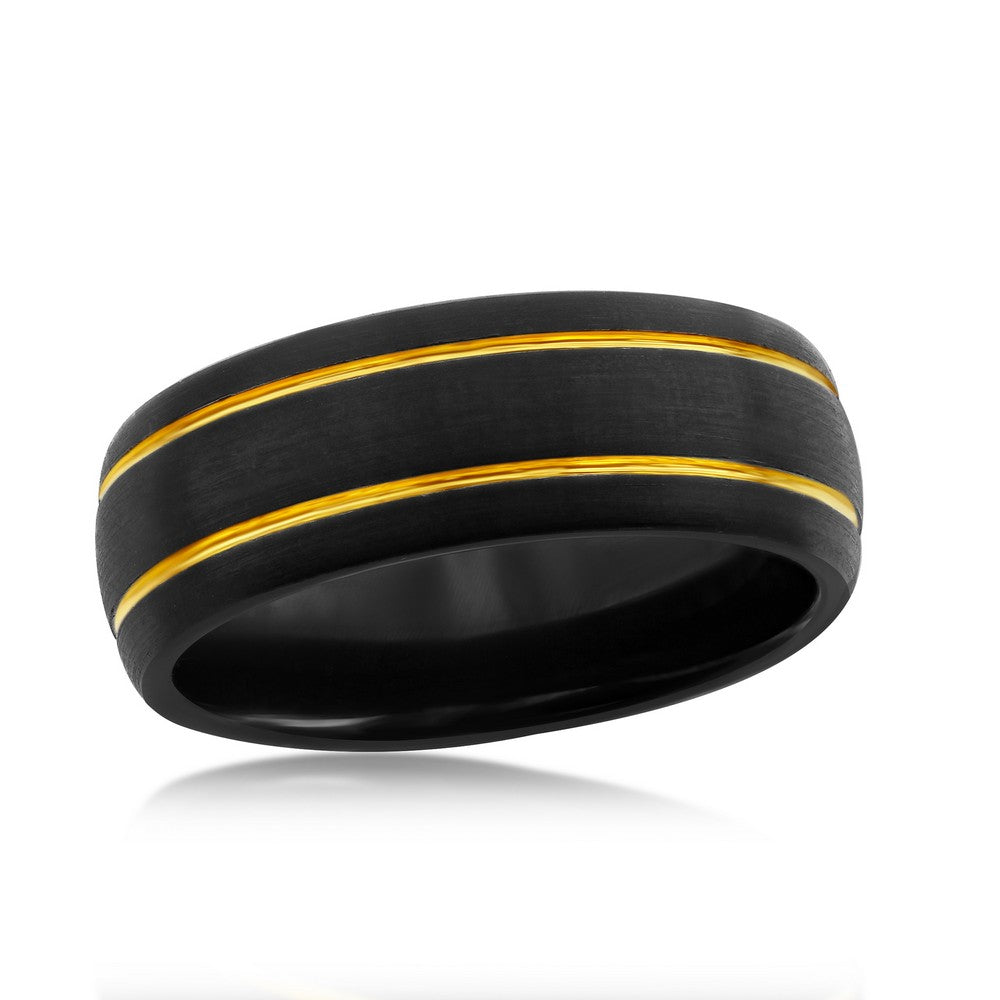 Men's Black and Gold Double Stripe Tungsten Ring Size 10