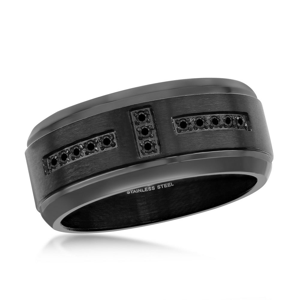 Men's Stainless Steel Black Plated Band Ring with Split Black Cubic Zirconia Design Size 12