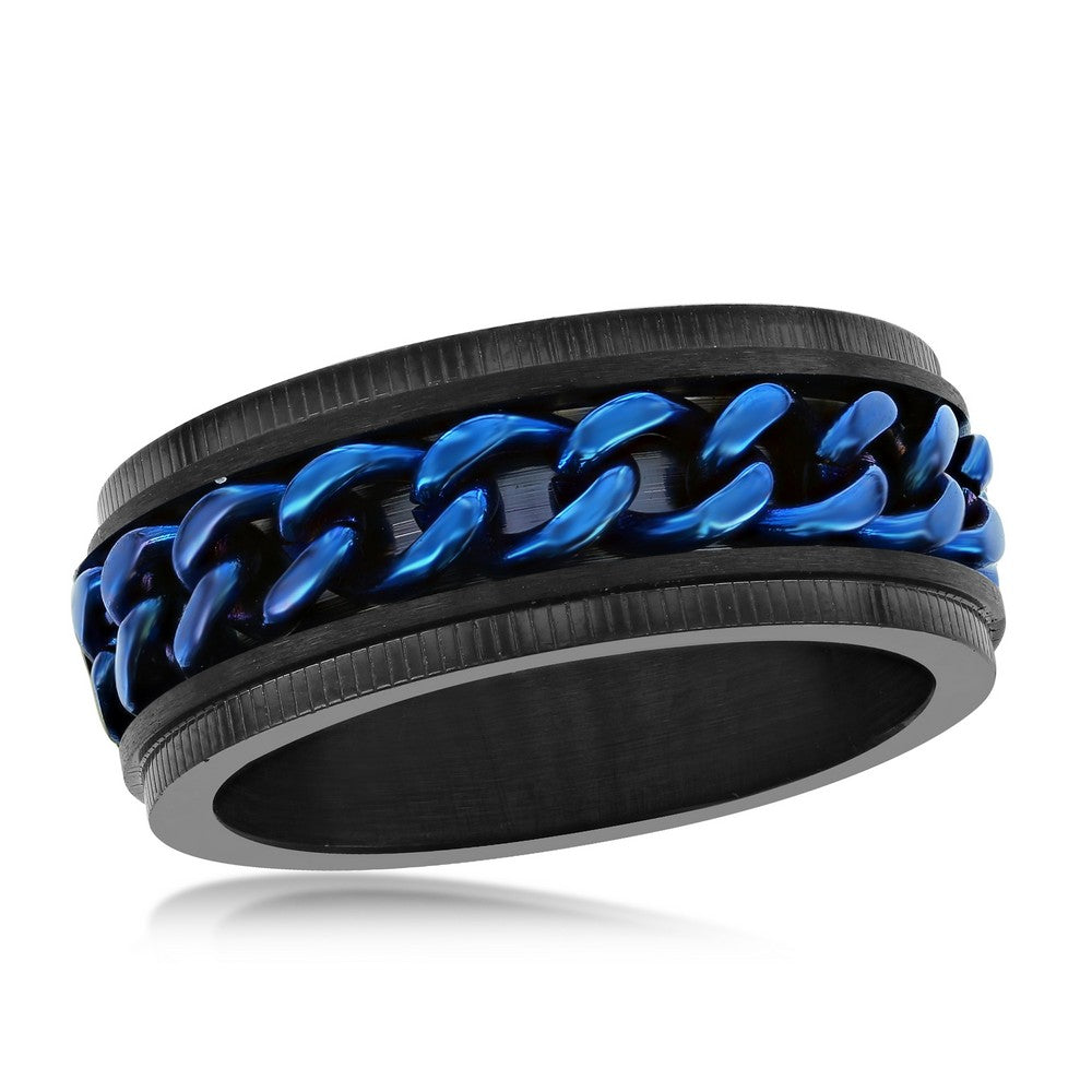 Men's Black Stainless Steel Ring with Blue Cuban Link Accent Size 11