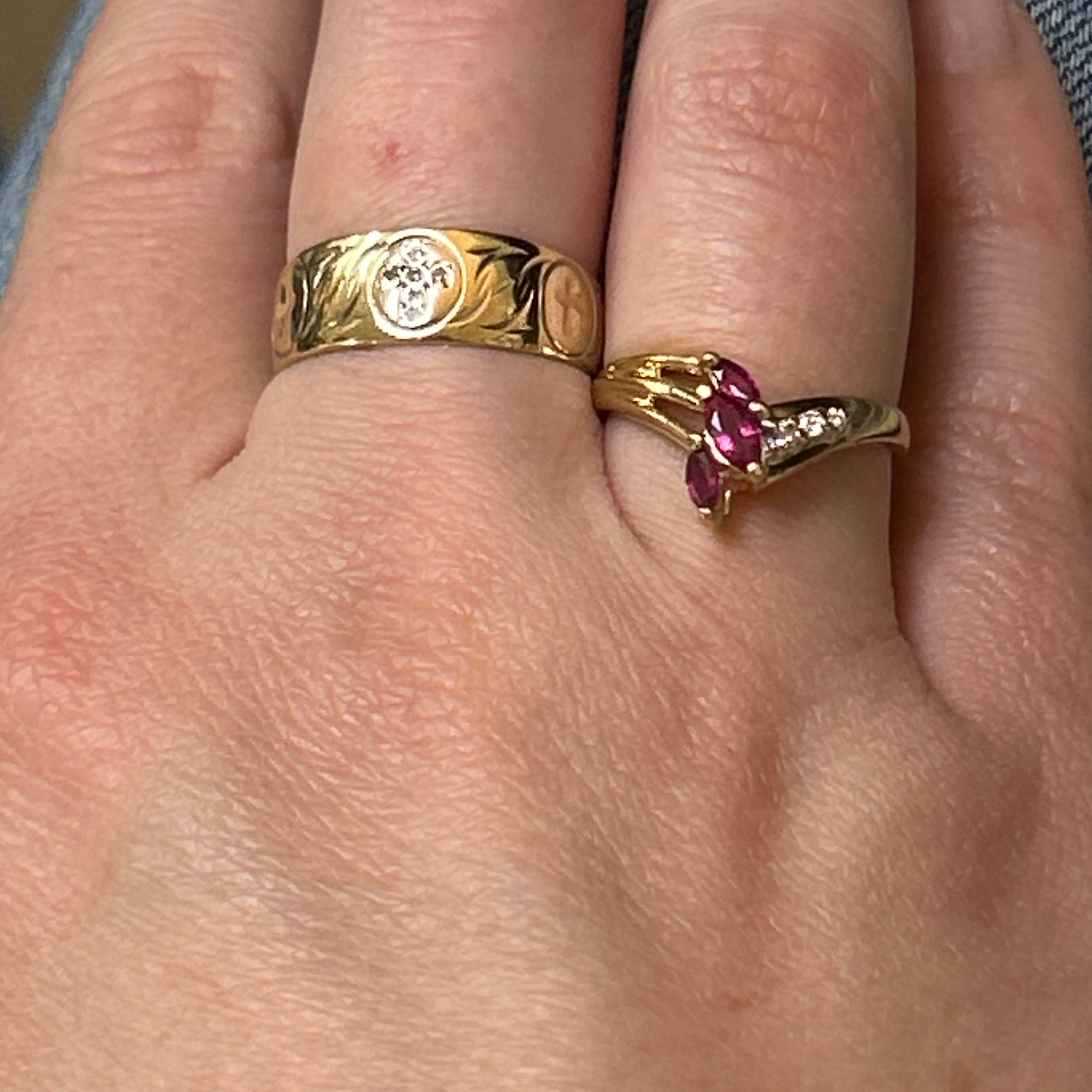 "Sage" 14K Yellow Gold Ruby and Diamond Chevron Fashion Ring Estate