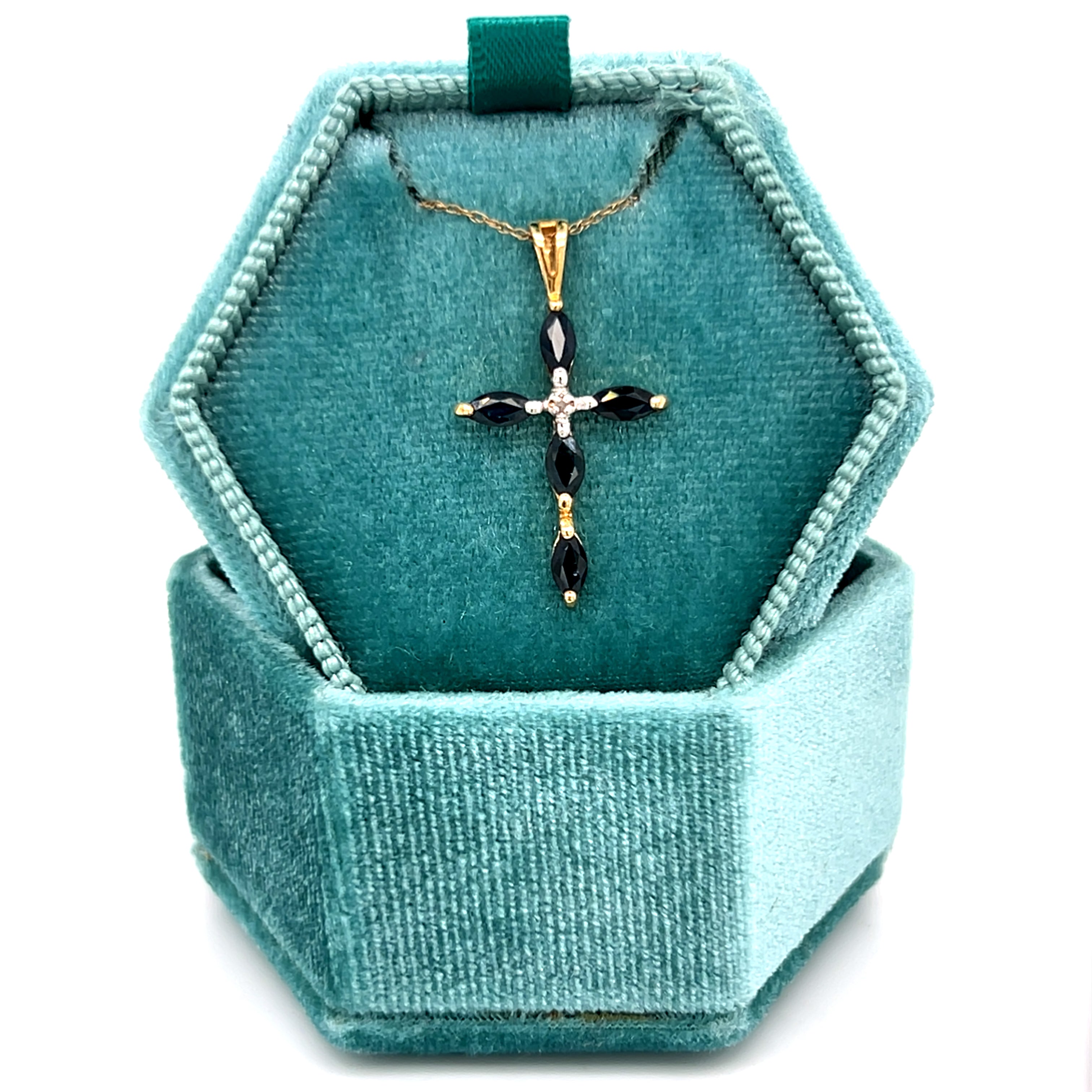 "Sapphira" 14K Yellow Gold 5 Sapphire Cross Pendant Estate