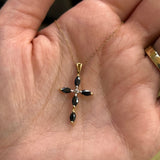 "Sapphira" 14K Yellow Gold 5 Sapphire Cross Pendant Estate
