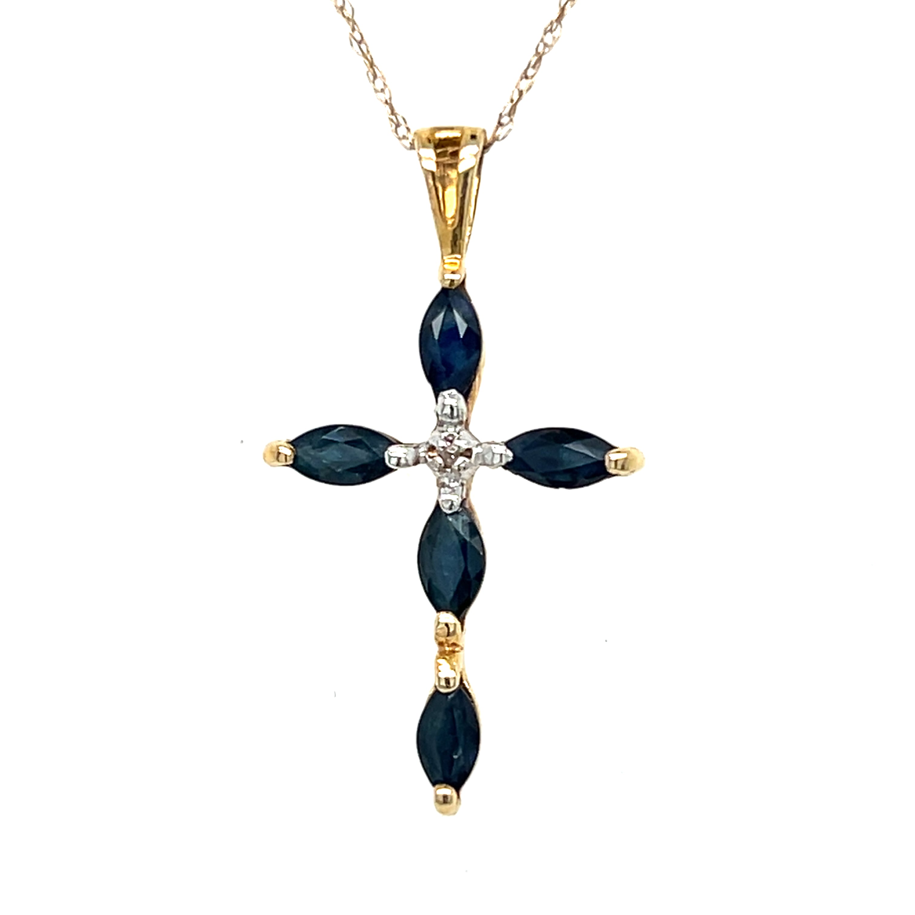 "Sapphira" 14K Yellow Gold 5 Sapphire Cross Pendant Estate