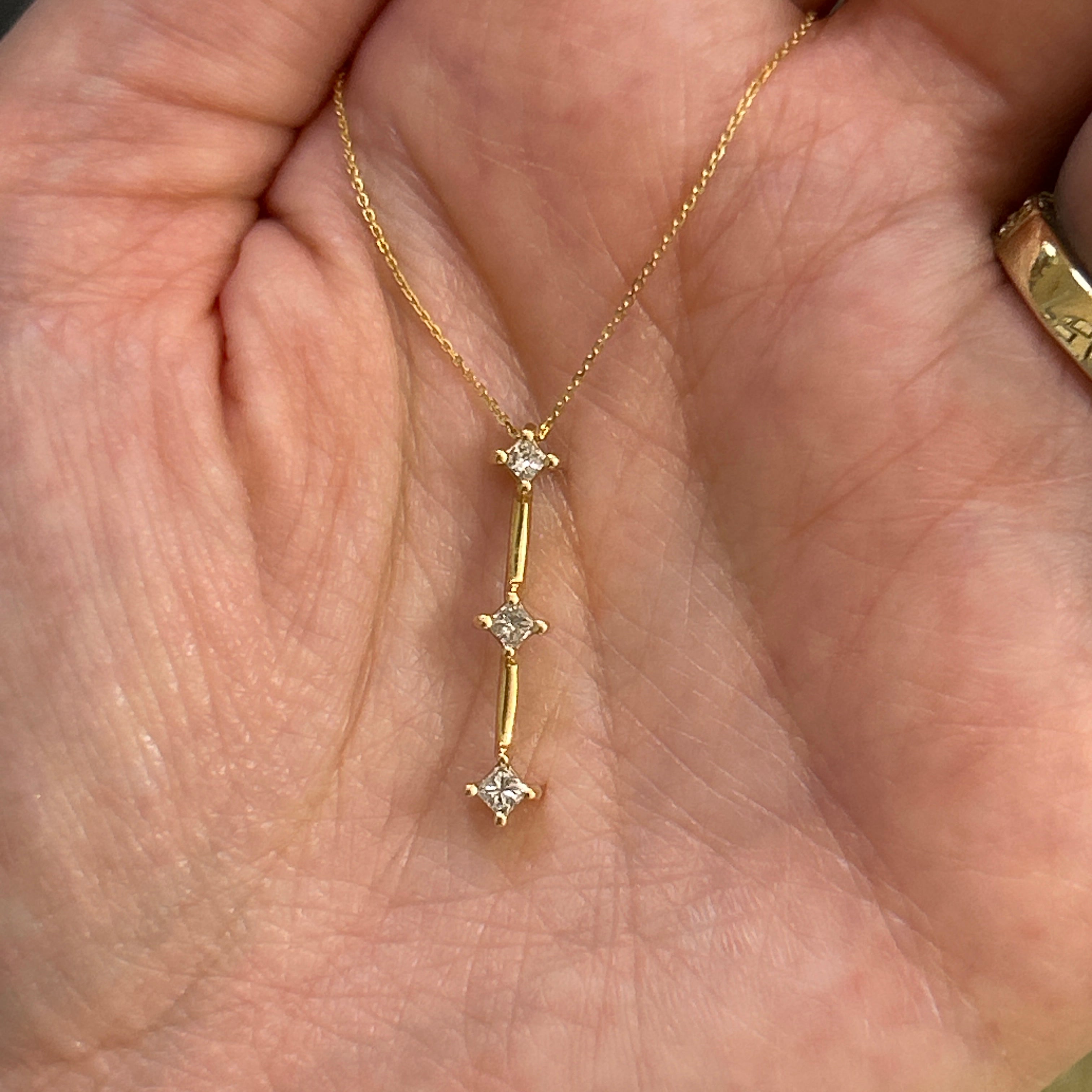 "Sybil" 14K Yellow Gold 0.20 Carat Total Weight Princess Cut 3-Stone Diamond Pendant Estate