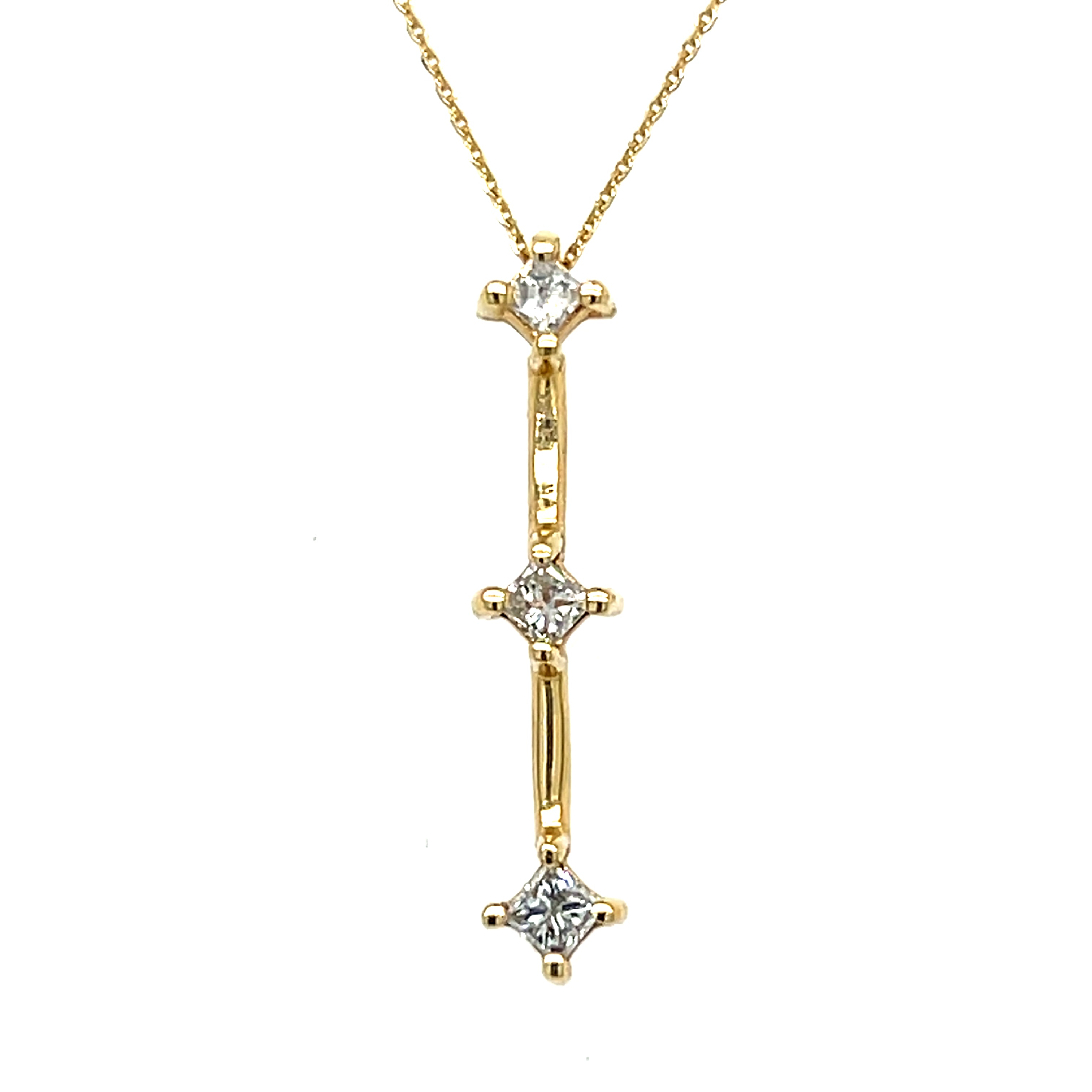 "Sybil" 14K Yellow Gold 0.20 Carat Total Weight Princess Cut 3-Stone Diamond Pendant Estate