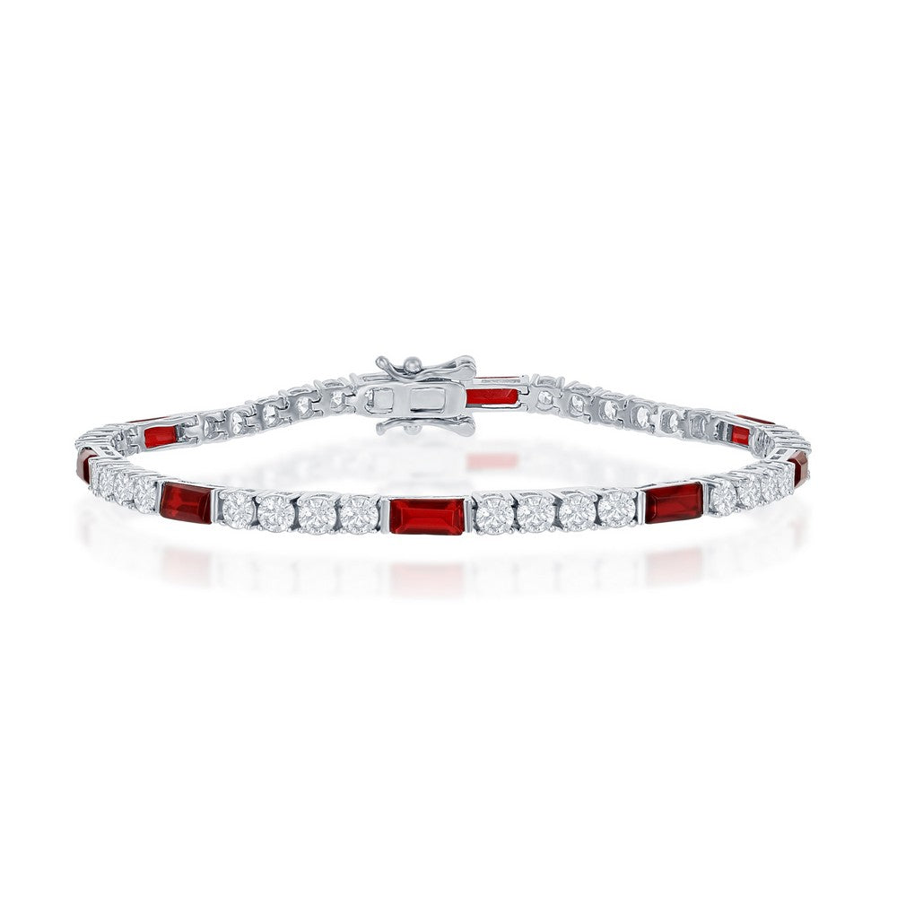 Sterling Silver Emerald-Cut Ruby Cubic Zirconia and Round Clear Cubic Zirconia Tennis Bracelet  7.5"