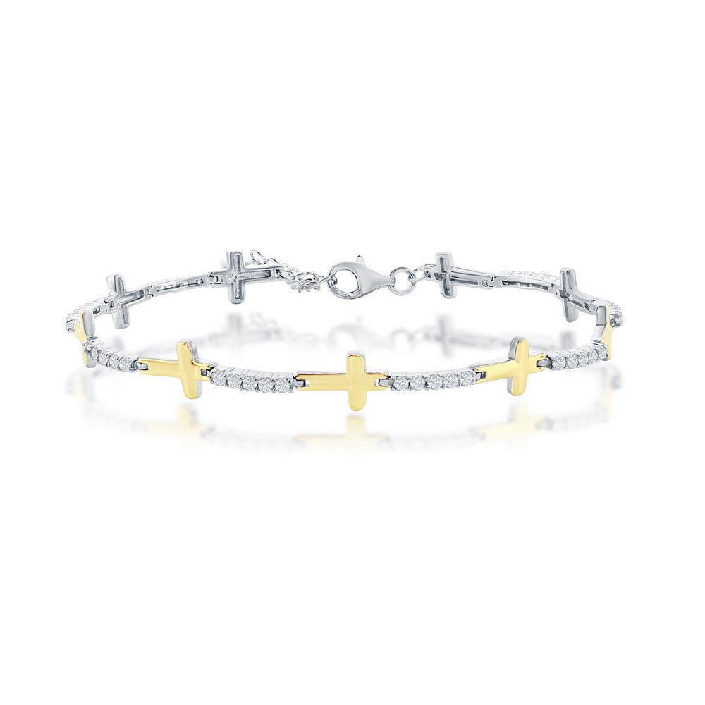 Sterling Silver Gold Plated Sideways Cross and Cubic Zirconia Bracelet 7+1"