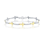 Sterling Silver Gold Plated Sideways Cross and Cubic Zirconia Bracelet 7+1"