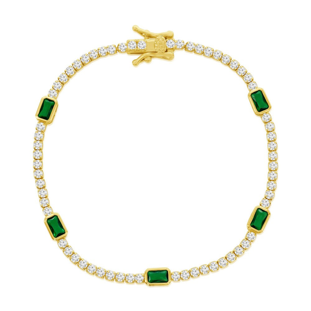 Sterling Silver Gold Plated Rectangle Emerald Bezel-Set and Round Cubic Zirconia Bracelet 7"