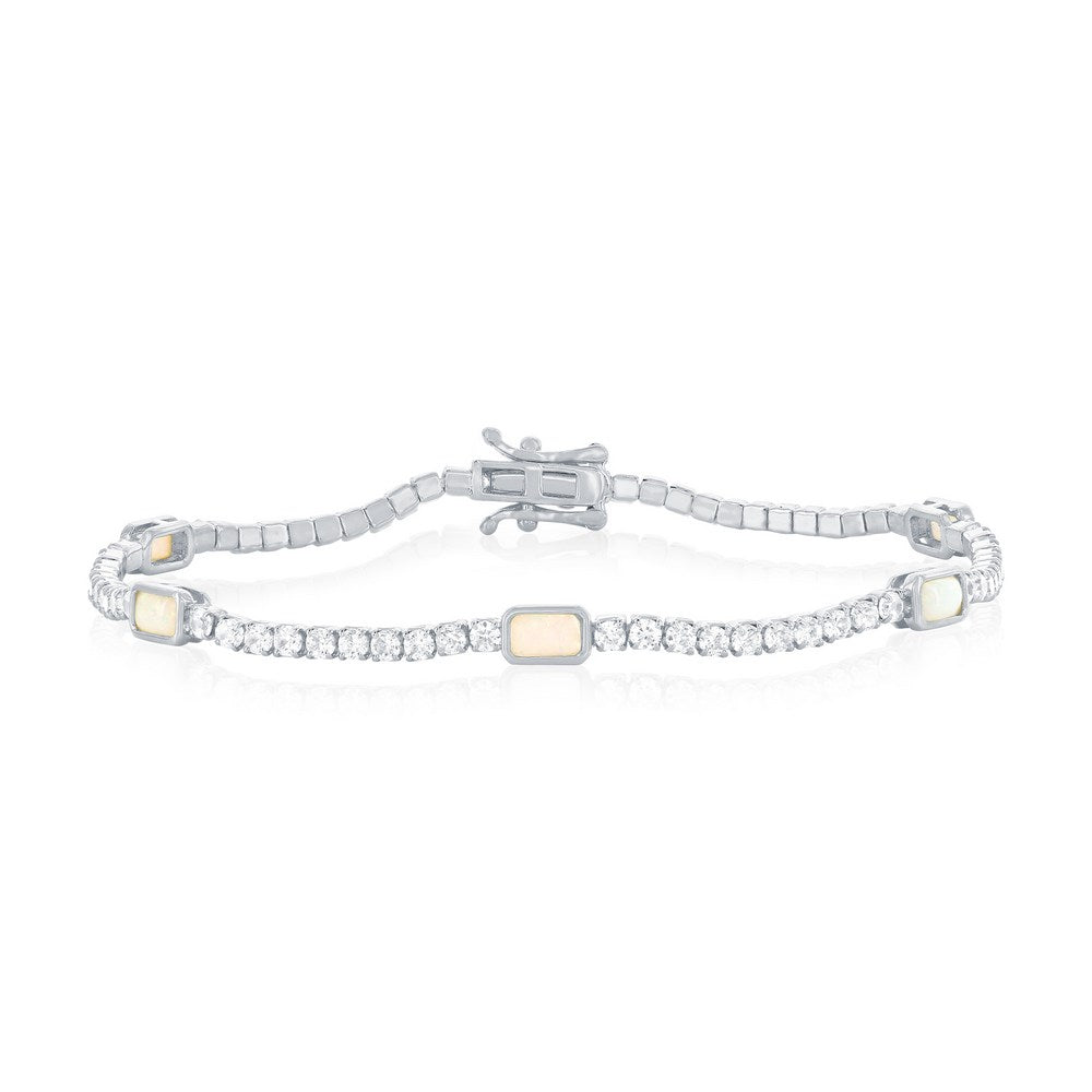 Sterling Silver Rectangle Opal and Cubic Zirconia Bracelet 7.5"